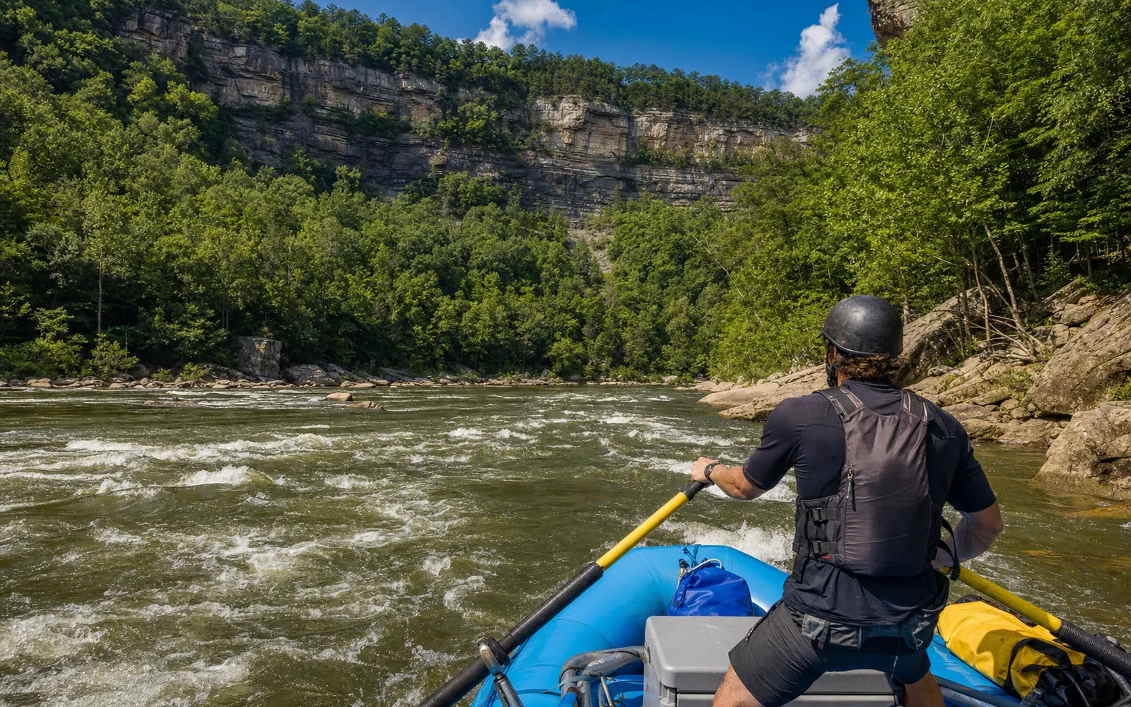An adult raft guide at the stern of a raft reading a rapid on the Lower New River, AI-generated illustration