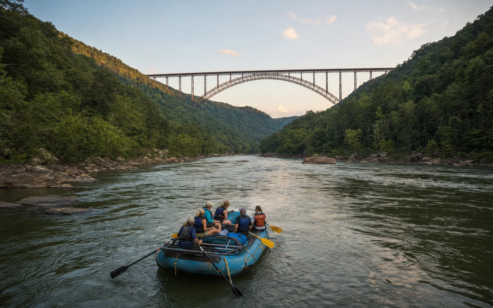 A blue raft of adult paddlers drifting down the Lower New River in evening light toward the steel arch of the New River Gorge Bridge far downstream, AI-generated illustration