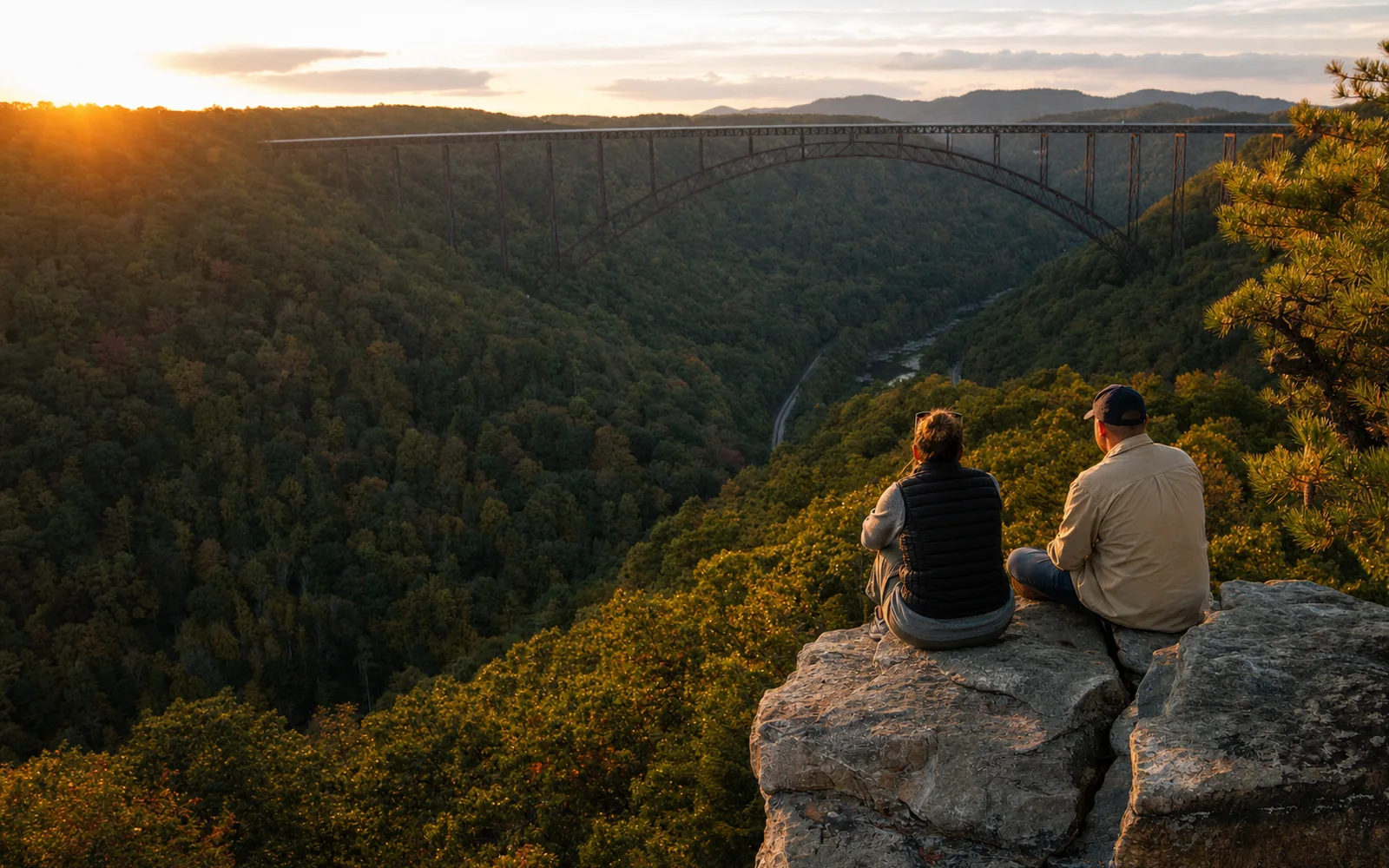 Two adults sit well back from the unrailed edge of the rock point at the end of Long Point Trail, with the New River Gorge Bridge straight ahead across the gorge, AI-generated illustration
